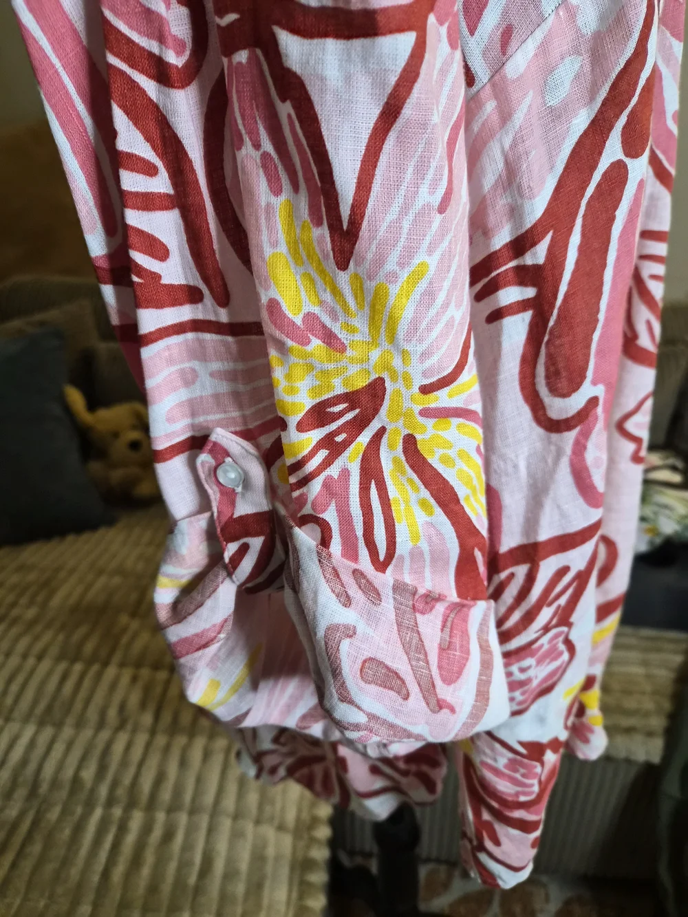 100% Linen...Pink Floral Tunic Top with Yellow Accents - Picture 6 of 6